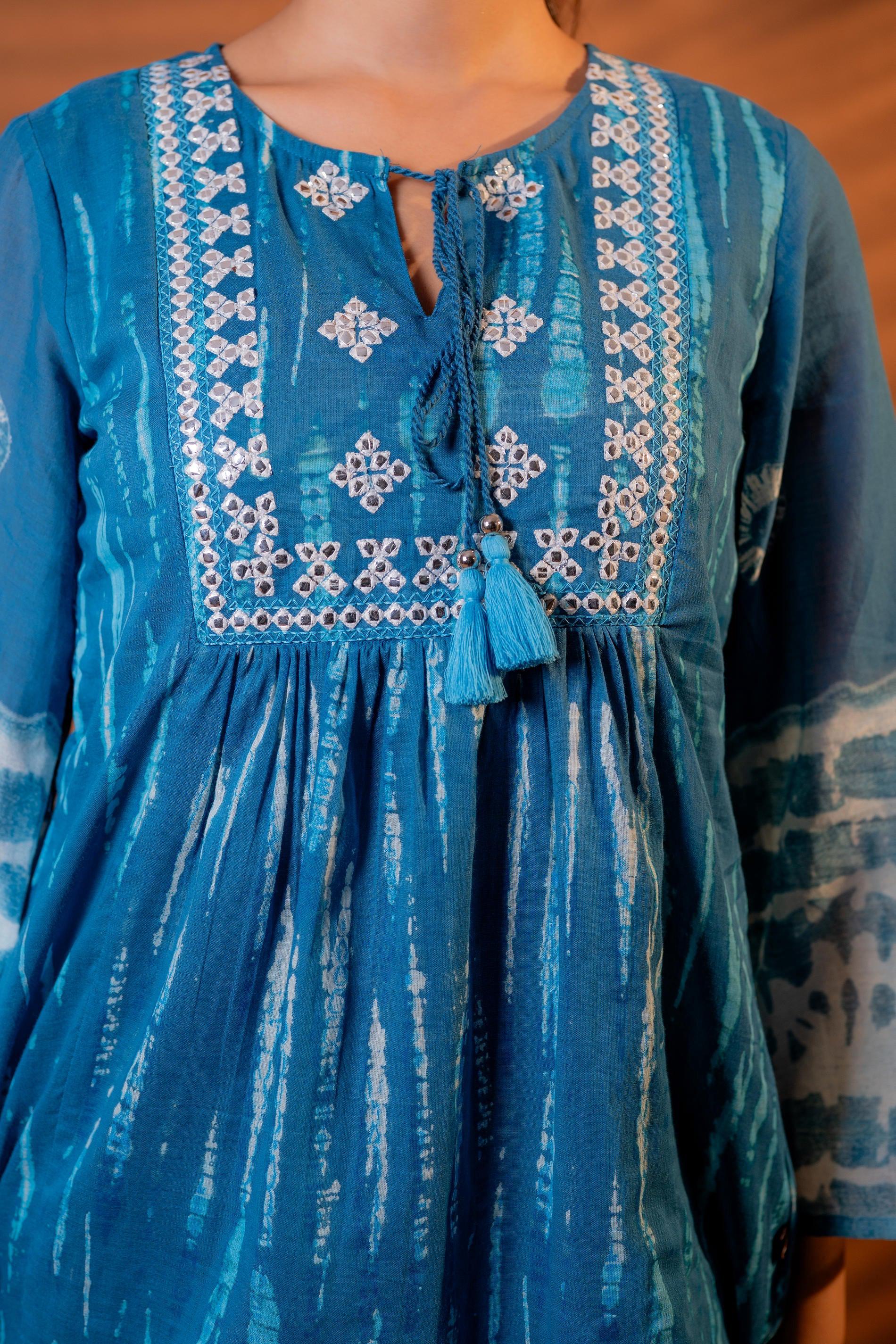 Juniper Indigo Teal Blue Tie-Dye Printed Yoke Tunic with Flared Sleeves - Distacart