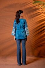 Thumbnail for Juniper Indigo Teal Blue Tie-Dye Printed Yoke Tunic with Flared Sleeves - Distacart