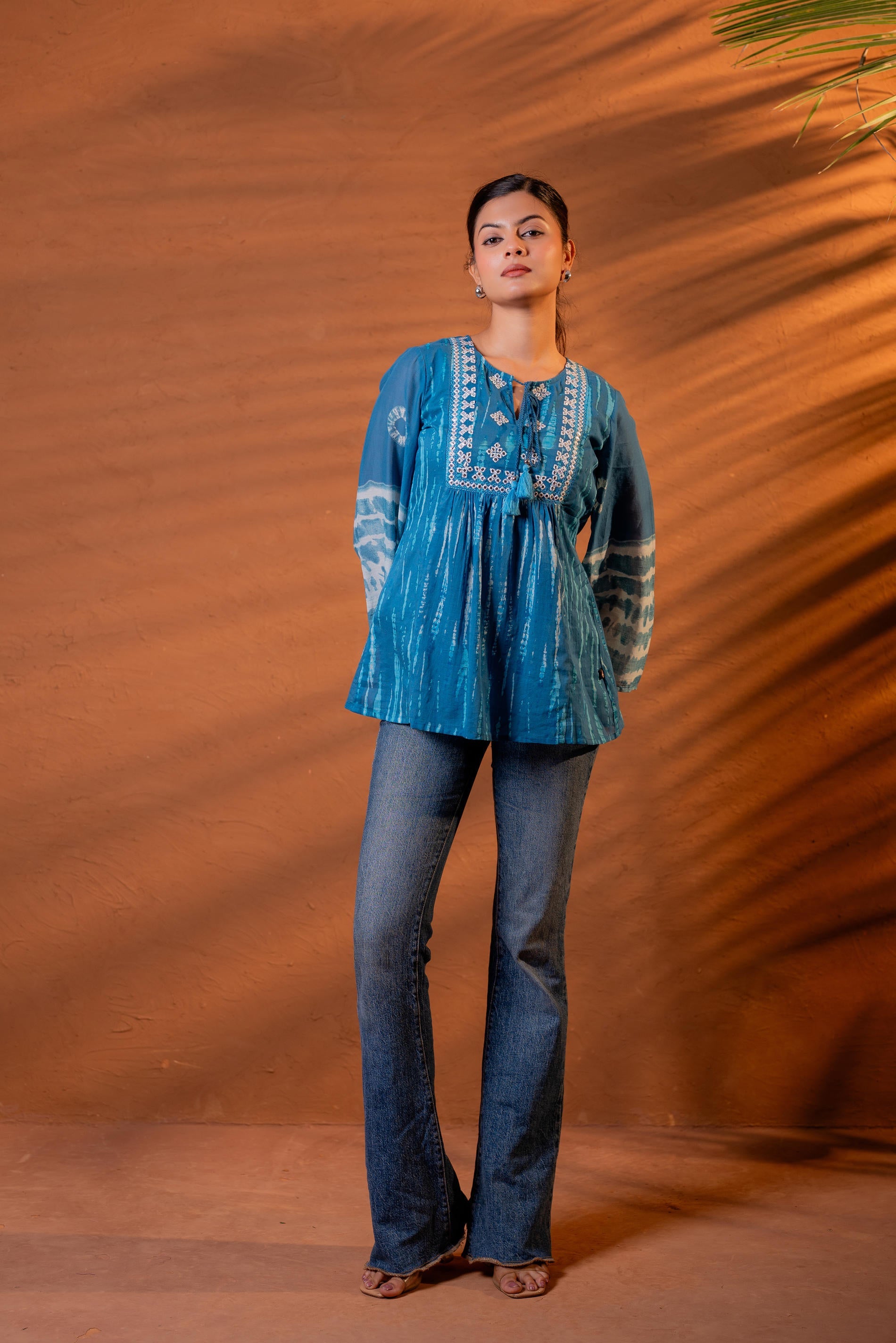 Juniper Indigo Teal Blue Tie-Dye Printed Yoke Tunic with Flared Sleeves - Distacart