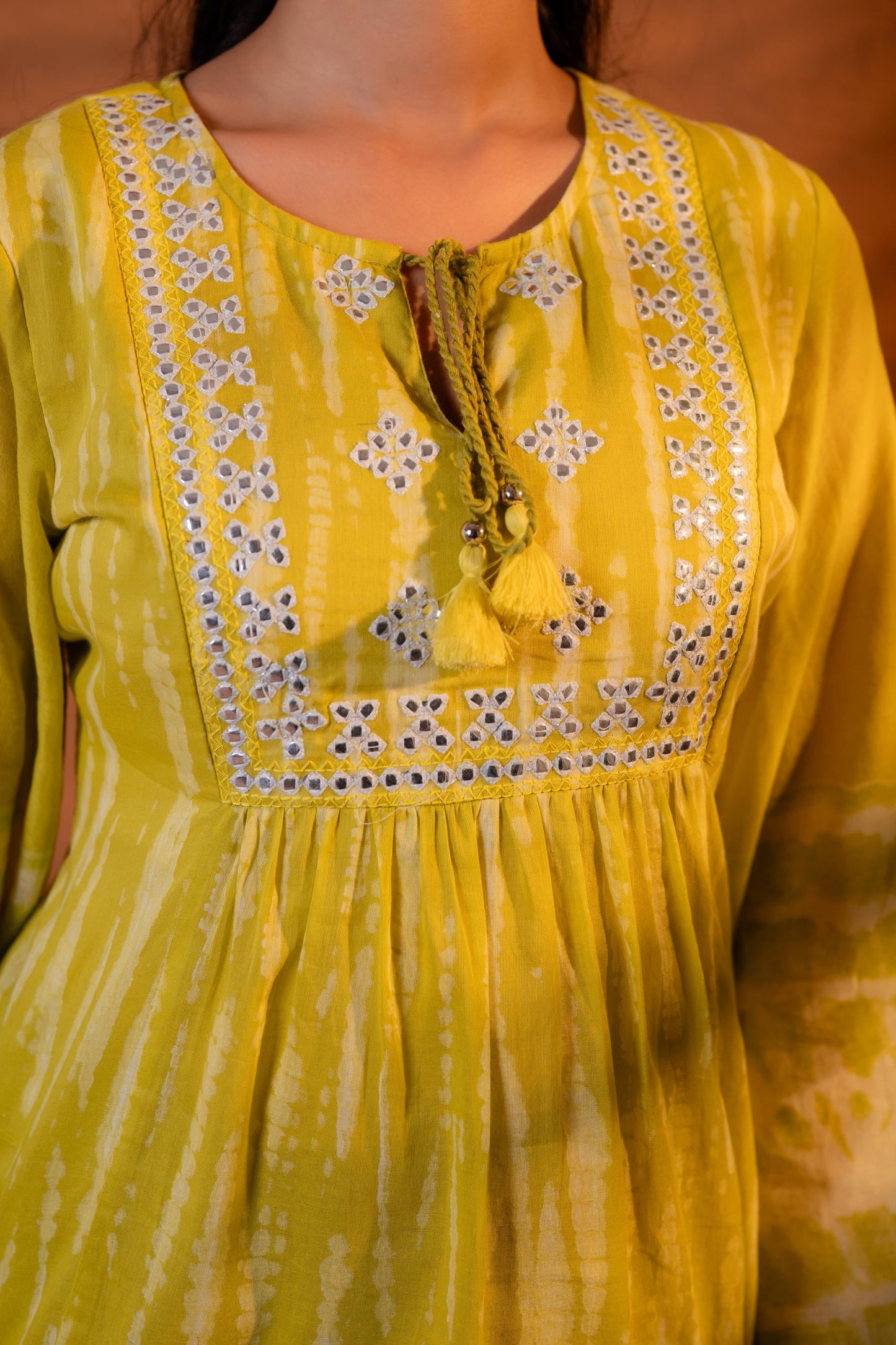 Juniper Lime Yellow Tie-Dye Printed Yoke Tunic with Flared Sleeves - Distacart