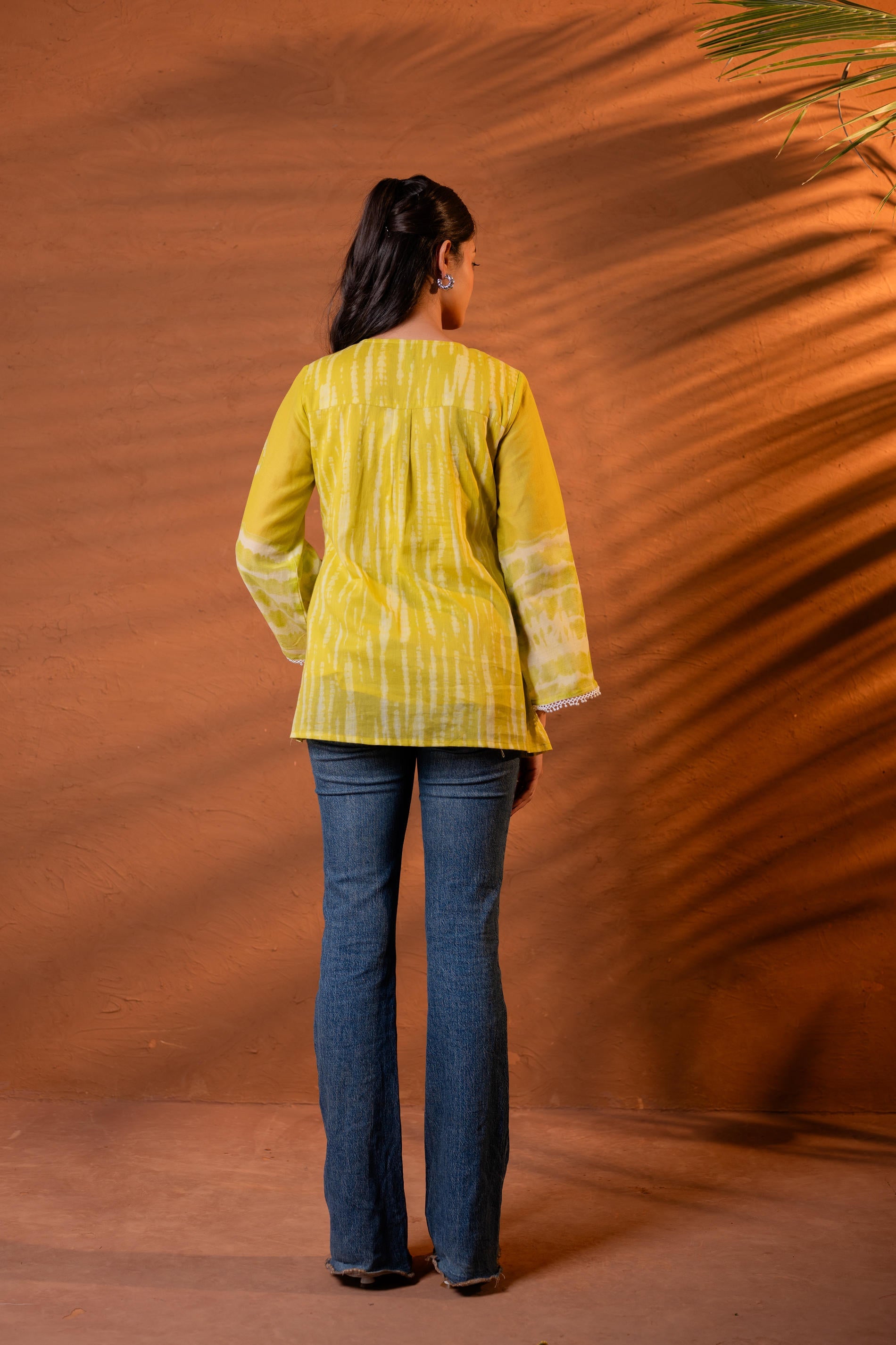 Juniper Lime Yellow Tie-Dye Printed Yoke Tunic with Flared Sleeves - Distacart