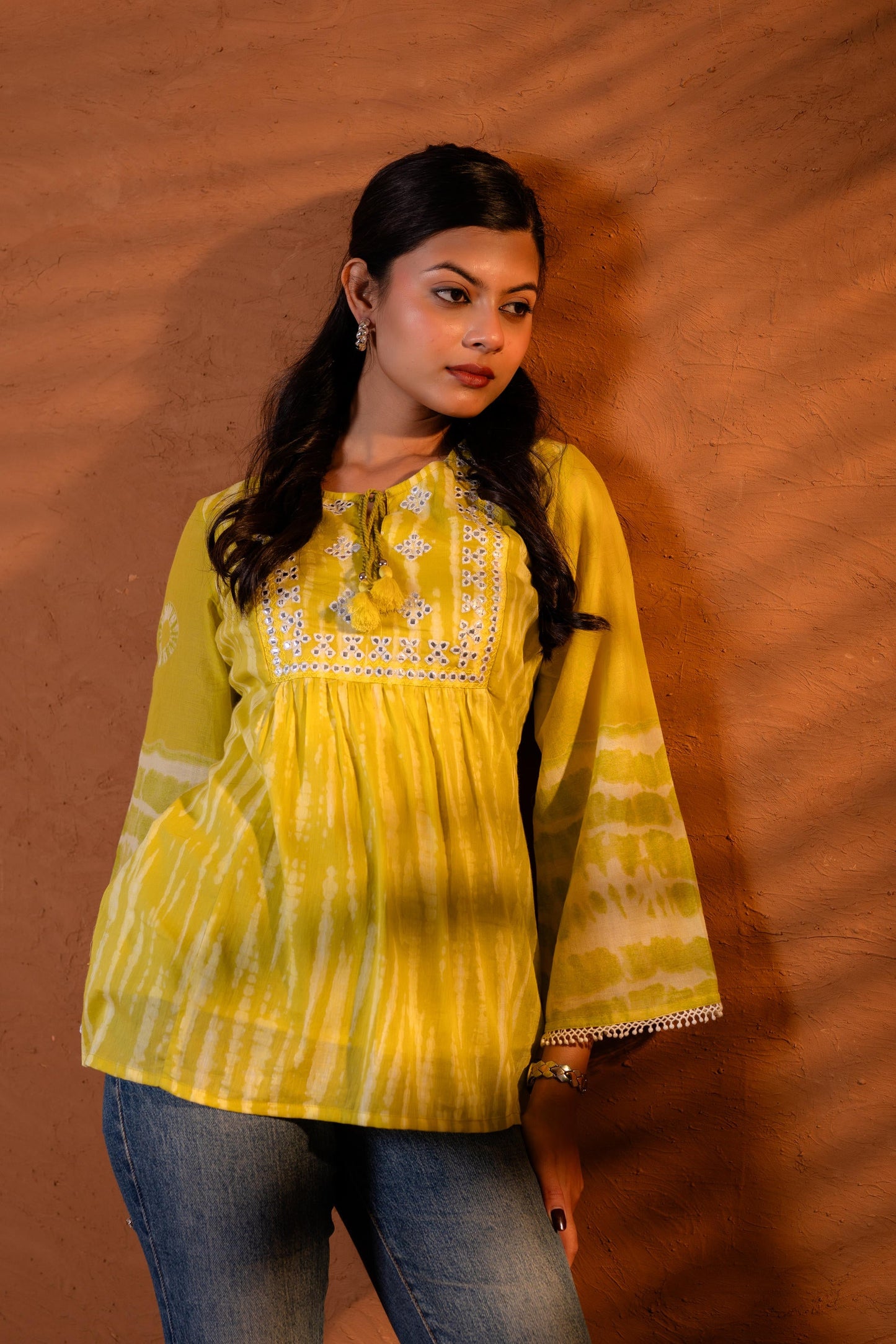 Juniper Lime Yellow Tie-Dye Printed Yoke Tunic with Flared Sleeves - Distacart