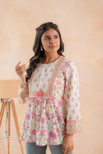 Thumbnail for Juniper Off-White & Pink Floral Printed Gathered Ethnic Tunic with Lace Yoke - Distacart