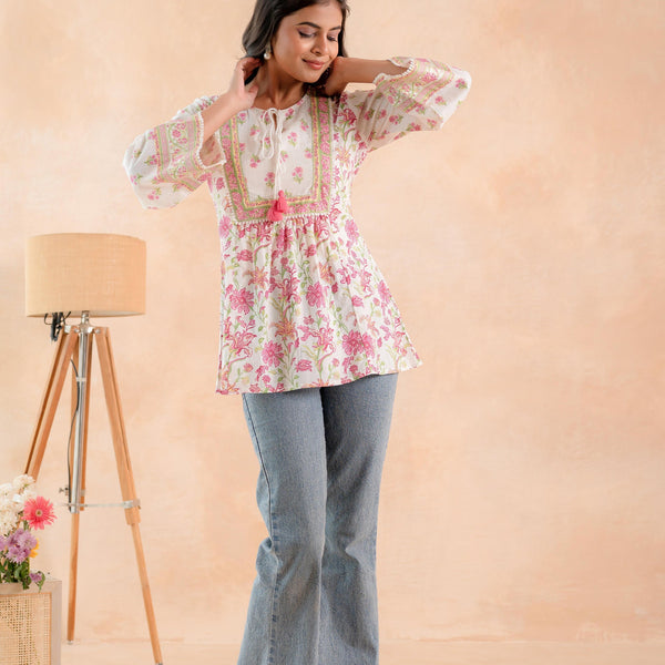 Juniper Off-White & Pink Floral Printed Gathered Ethnic Tunic with Lace Yoke - Distacart