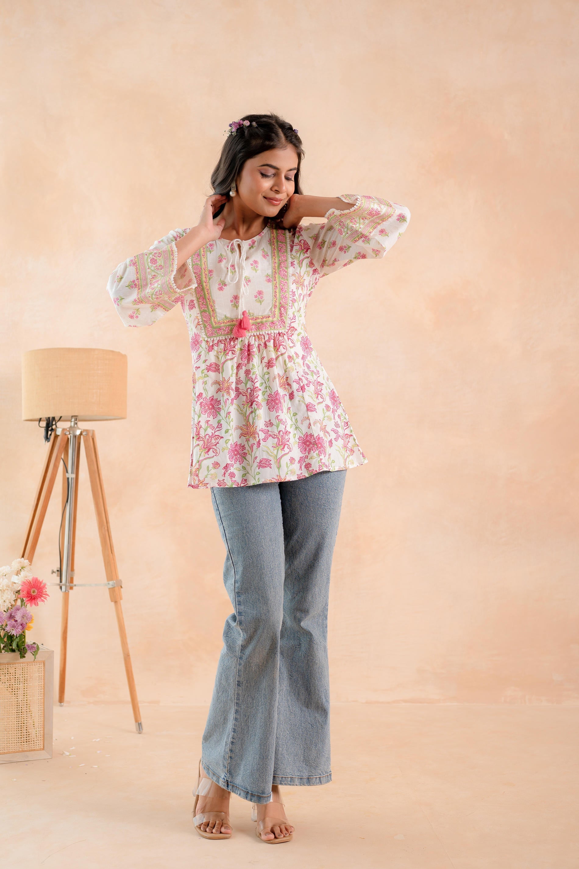 Juniper Off-White & Pink Floral Printed Gathered Ethnic Tunic with Lace Yoke - Distacart
