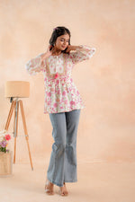 Thumbnail for Juniper Off-White & Pink Floral Printed Gathered Ethnic Tunic with Lace Yoke - Distacart