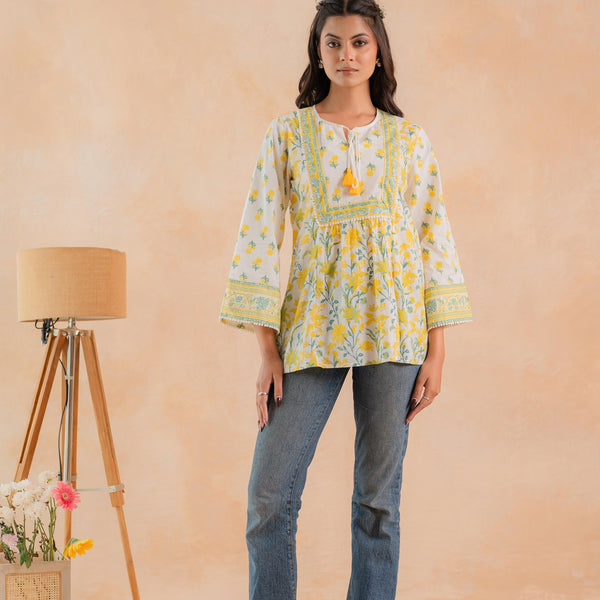 Juniper Off-White & Yellow Floral Printed Gathered Ethnic Tunic with Lace Yoke - Distacart