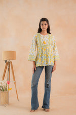Thumbnail for Juniper Off-White & Yellow Floral Printed Gathered Ethnic Tunic with Lace Yoke - Distacart
