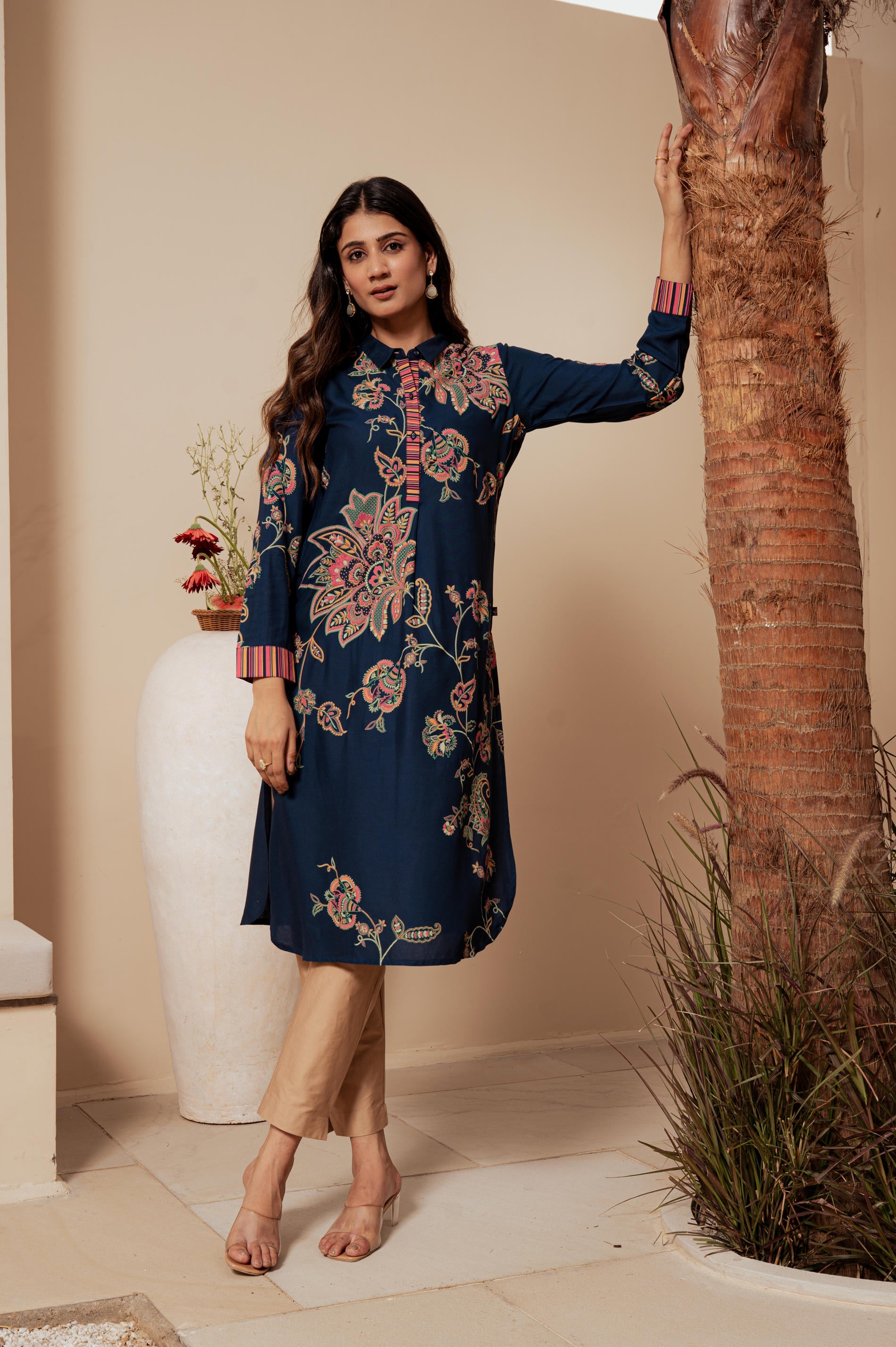 Juniper Midnight Blue Floral Printed Viscose Kurta With Button Detailing