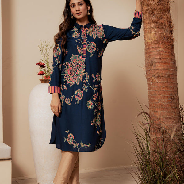 Juniper Midnight Blue Floral Printed Viscose Kurta With Button Detailing