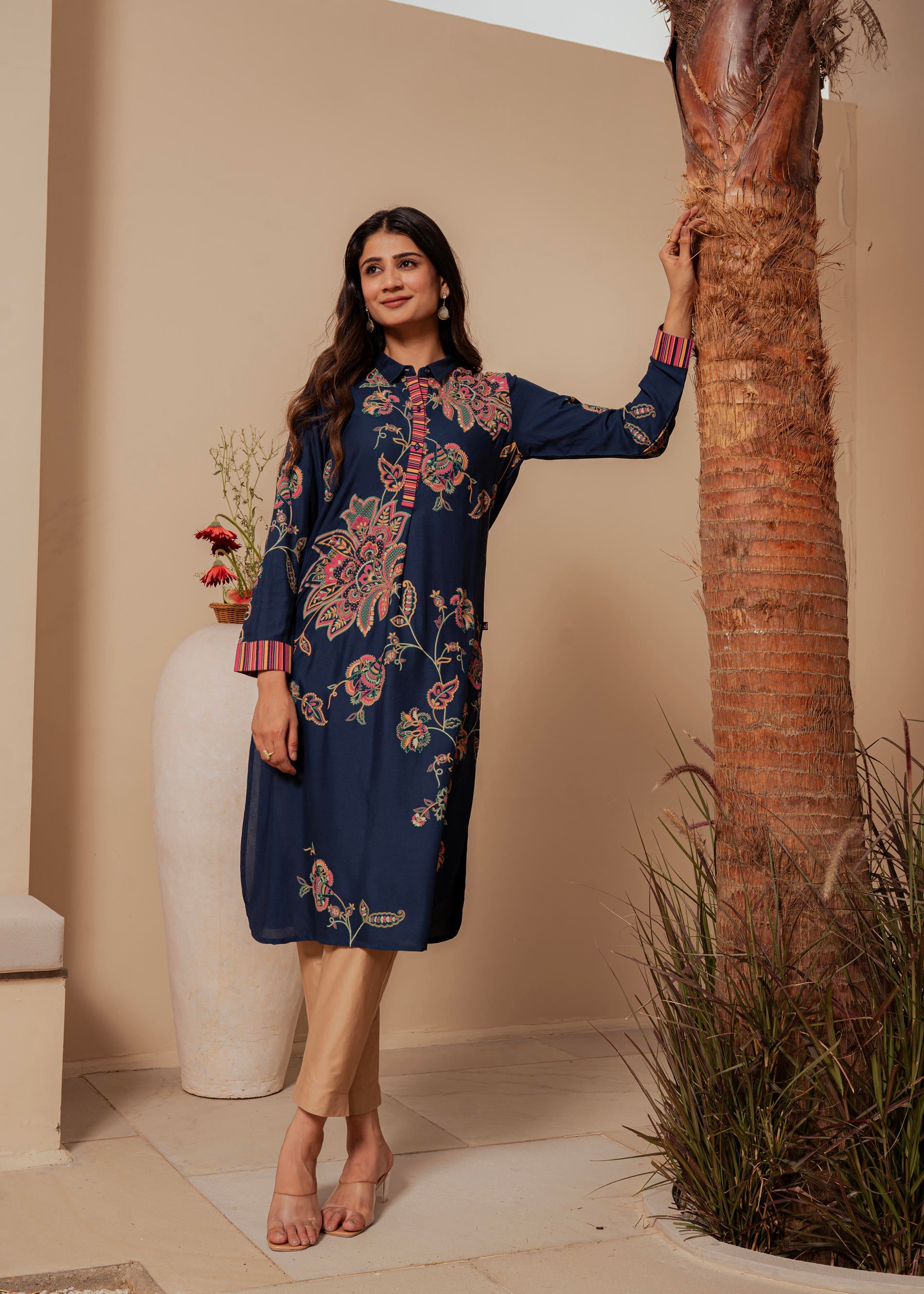 Juniper Midnight Blue Floral Printed Viscose Kurta With Button Detailing