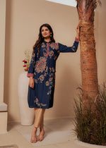 Thumbnail for Juniper Midnight Blue Floral Printed Viscose Kurta With Button Detailing