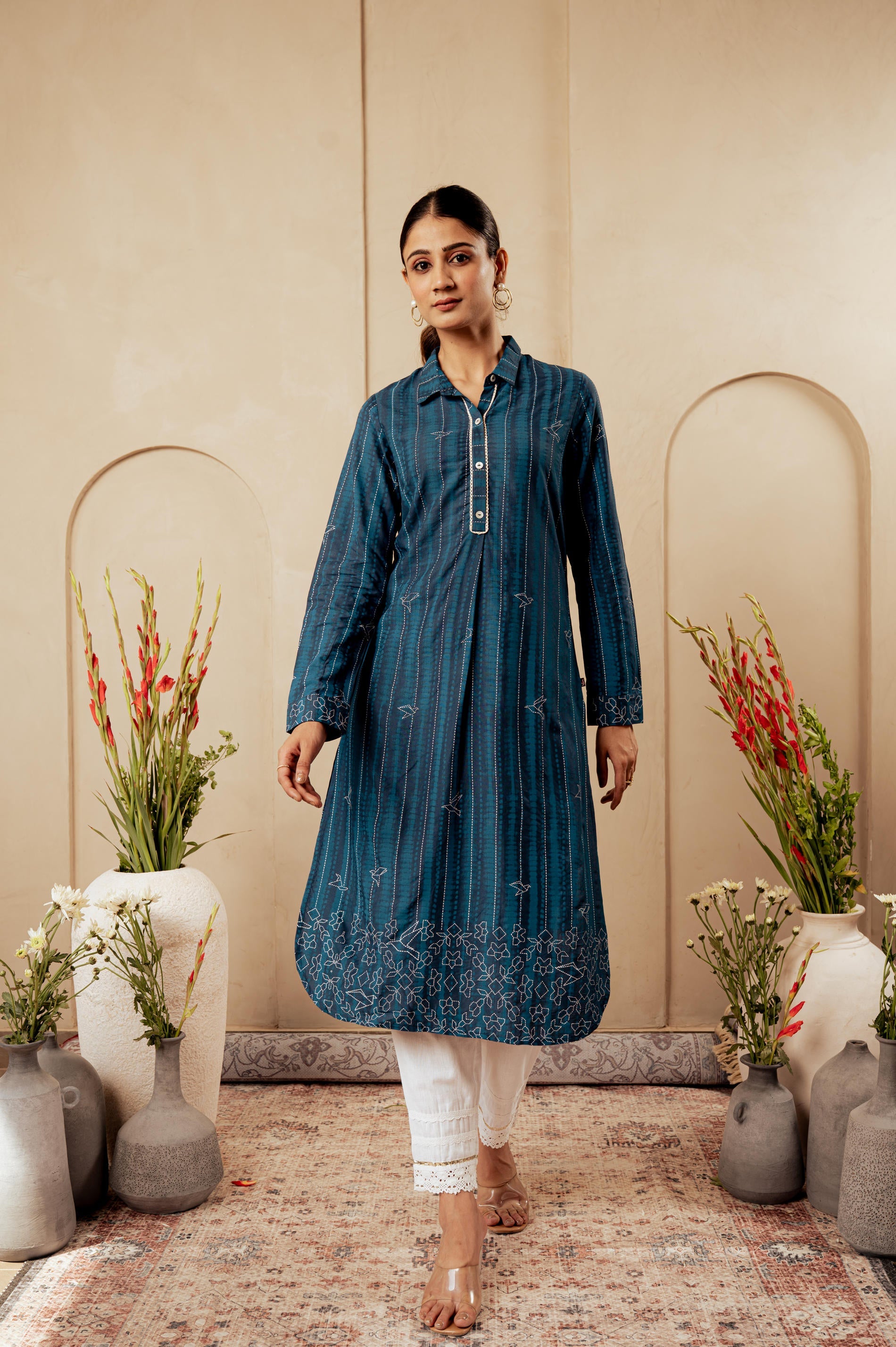 Juniper Blue Striped Viscose A-Line Kurta With Button & Lace Detailing - Distacart