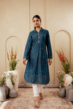 Thumbnail for Juniper Blue Striped Viscose A-Line Kurta With Button & Lace Detailing