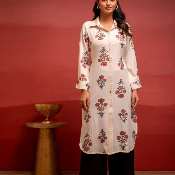 Juniper White Floral Printed Viscose Kurta With Button Detailing