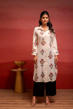 Thumbnail for Juniper White Floral Printed Viscose Kurta With Button Detailing