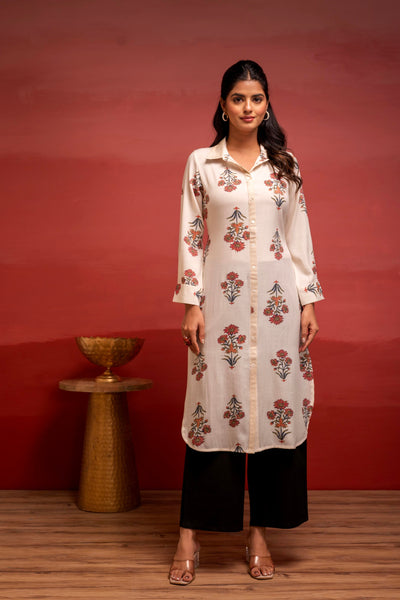 Juniper White Floral Printed Viscose Kurta With Button Detailing