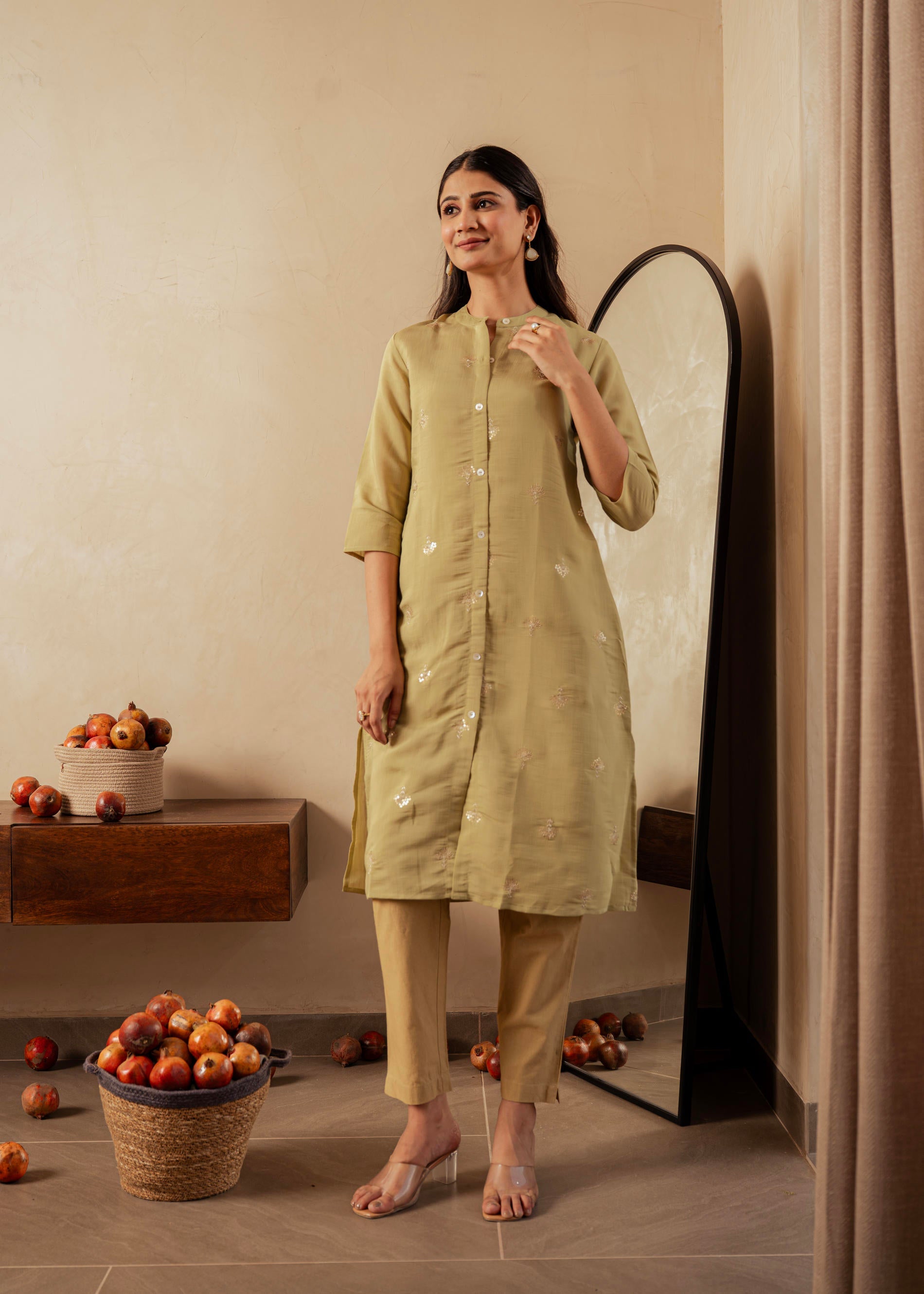 Juniper Sage Green Solid Viscose A-Line Kurta With Embroidery, Beads & Button Detailing