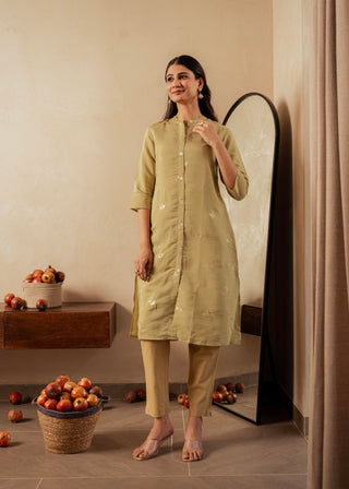 Juniper Sage Green Solid Viscose A-Line Kurta With Embroidery, Beads & Button Detailing