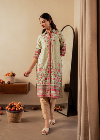 Juniper Sage Green Floral Printed Viscose Kurta With Button Detailing