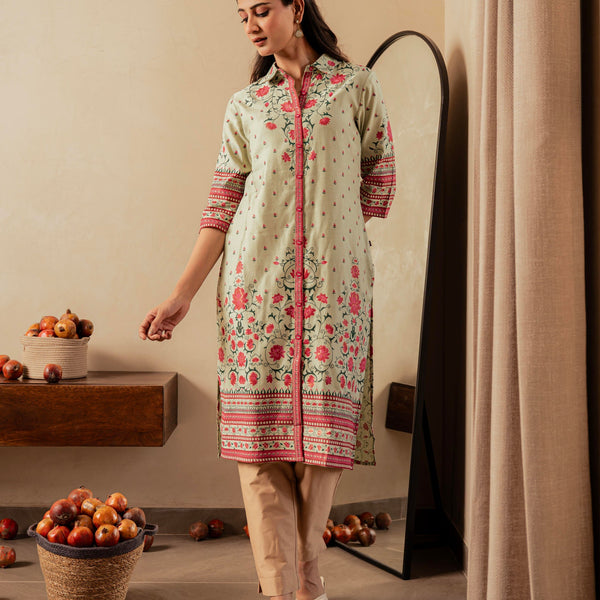 Juniper Sage Green Floral Printed Viscose Kurta With Button Detailing