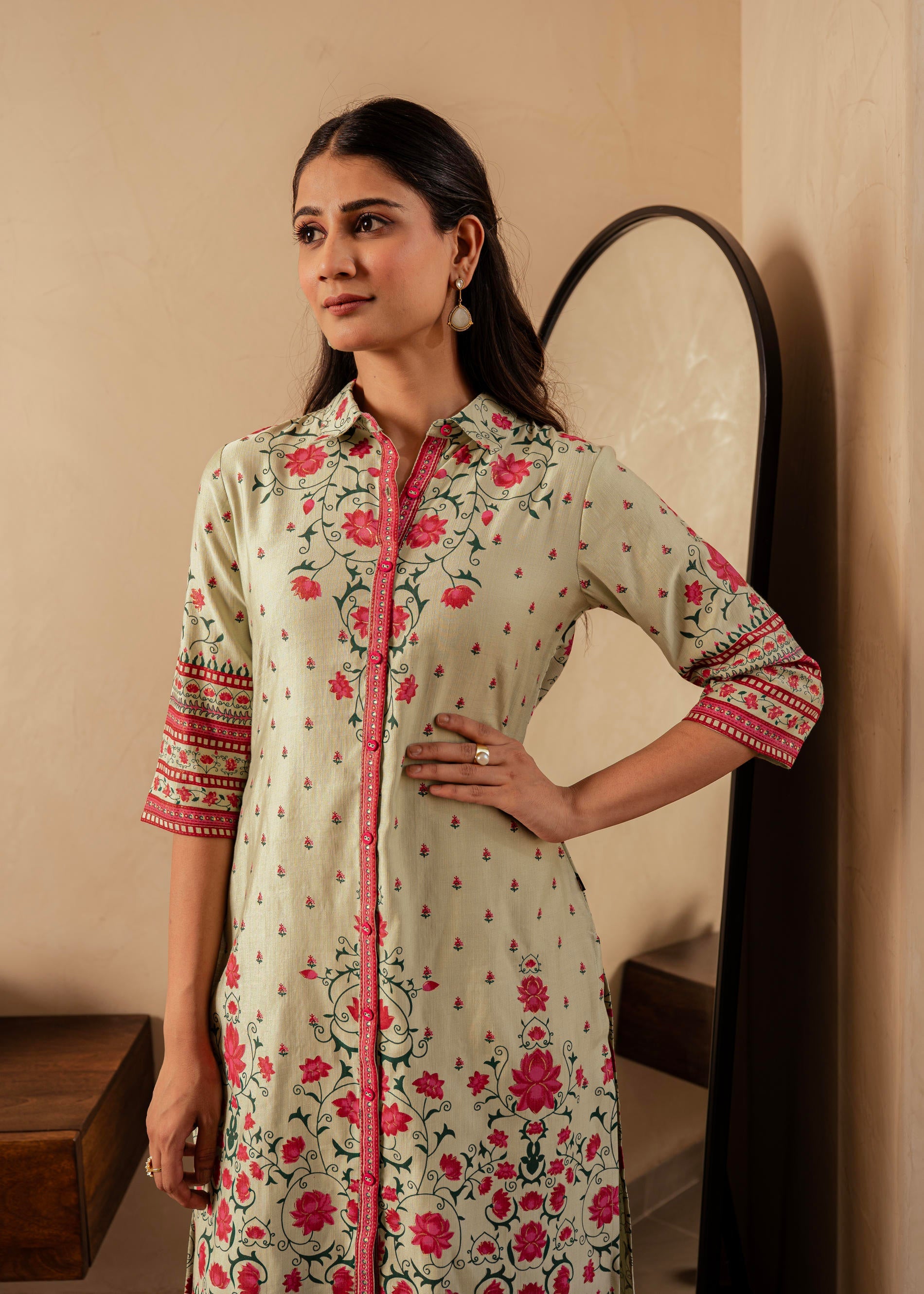 Juniper Sage Green Floral Printed Viscose Kurta With Button Detailing