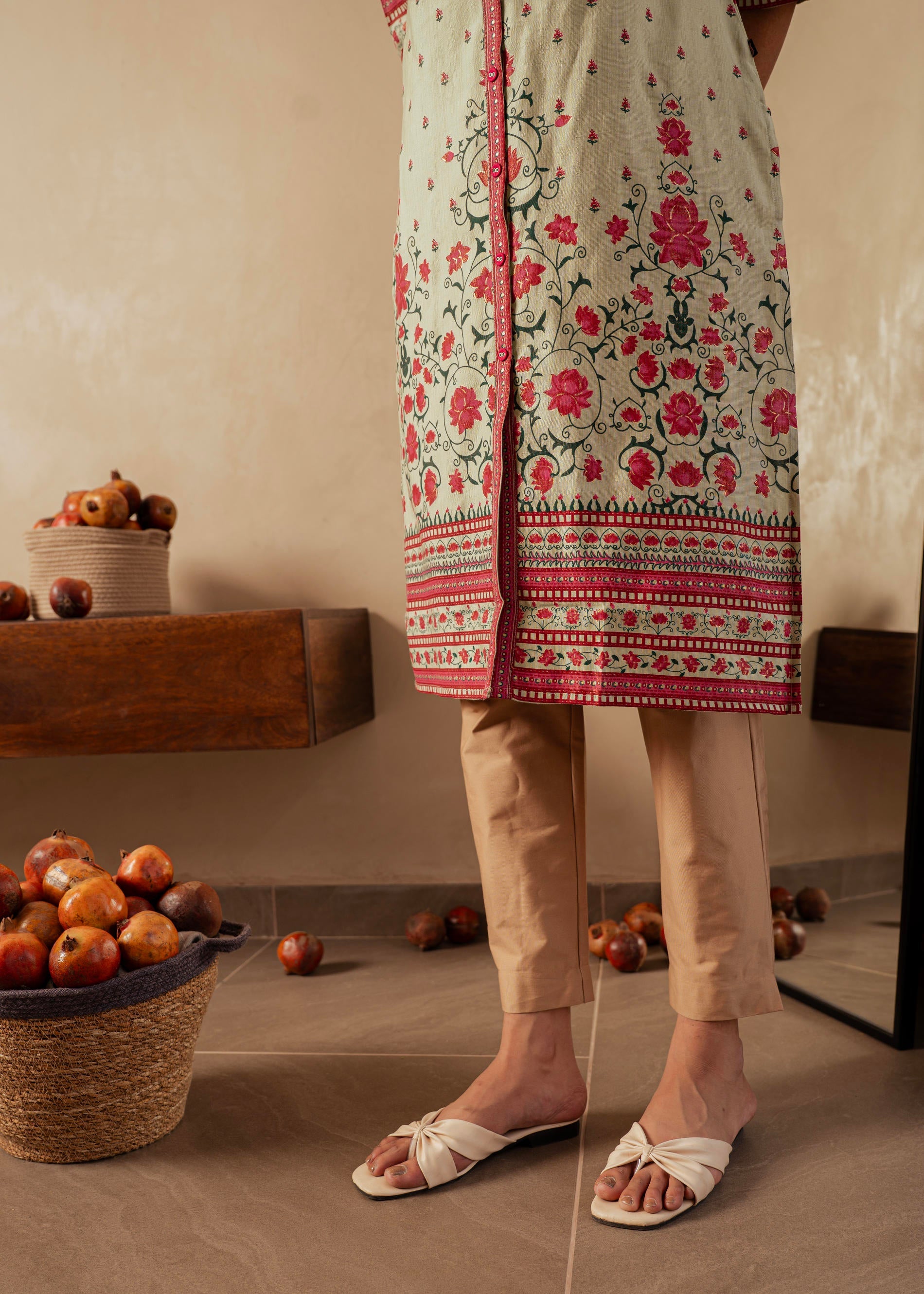 Juniper Sage Green Floral Printed Viscose Kurta With Button Detailing