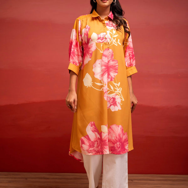 Juniper Mustard Floral Printed A-Line Kurta With Button Detailing