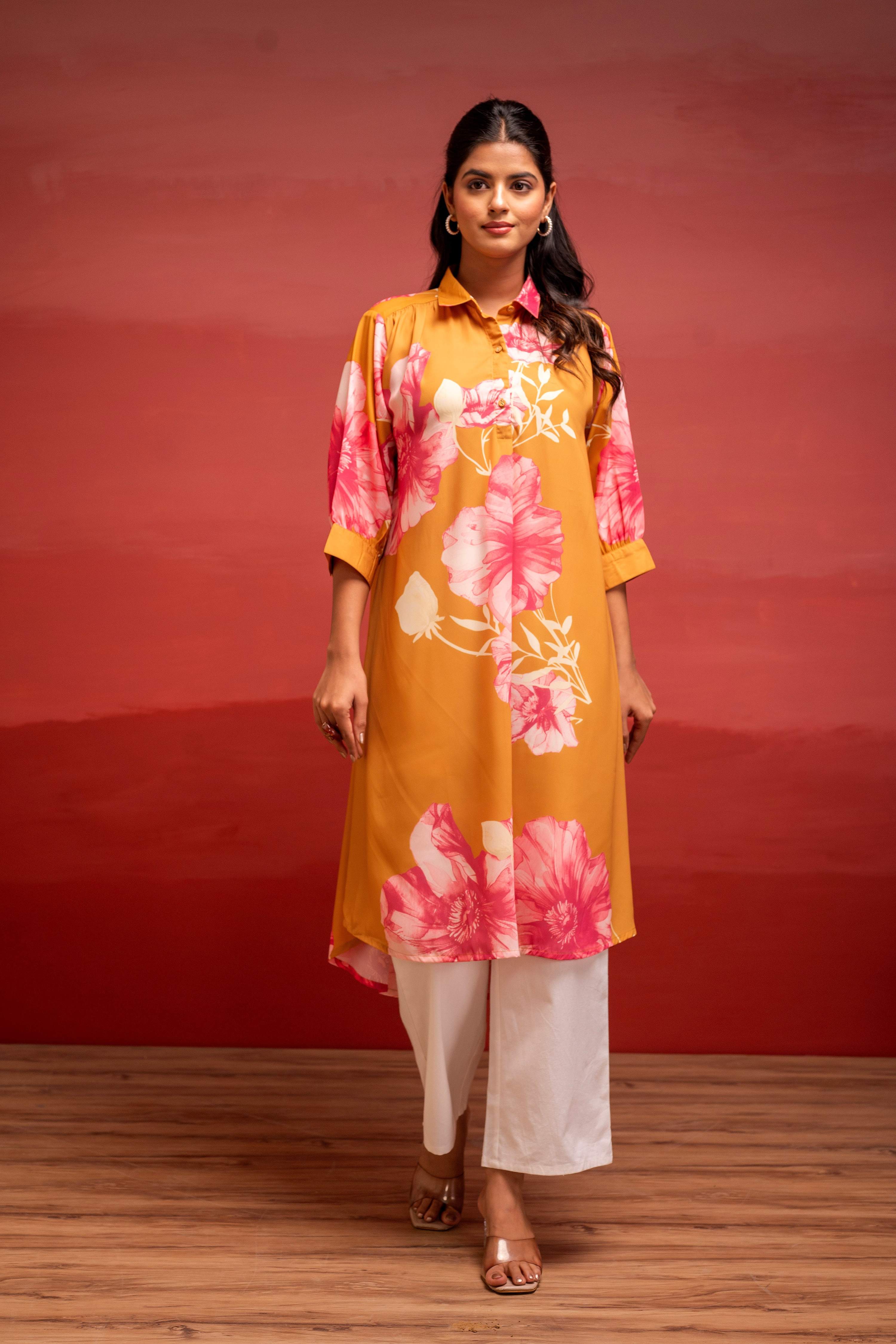 Juniper Mustard Floral Printed A-Line Kurta With Button Detailing