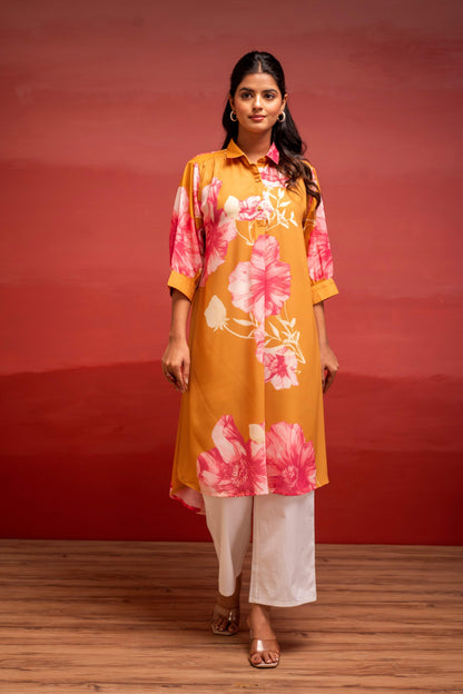Juniper Mustard Floral Printed A-Line Kurta With Button Detailing - Distacart