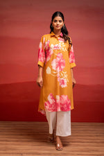 Thumbnail for Juniper Mustard Floral Printed A-Line Kurta With Button Detailing