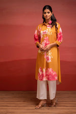 Thumbnail for Juniper Mustard Floral Printed A-Line Kurta With Button Detailing