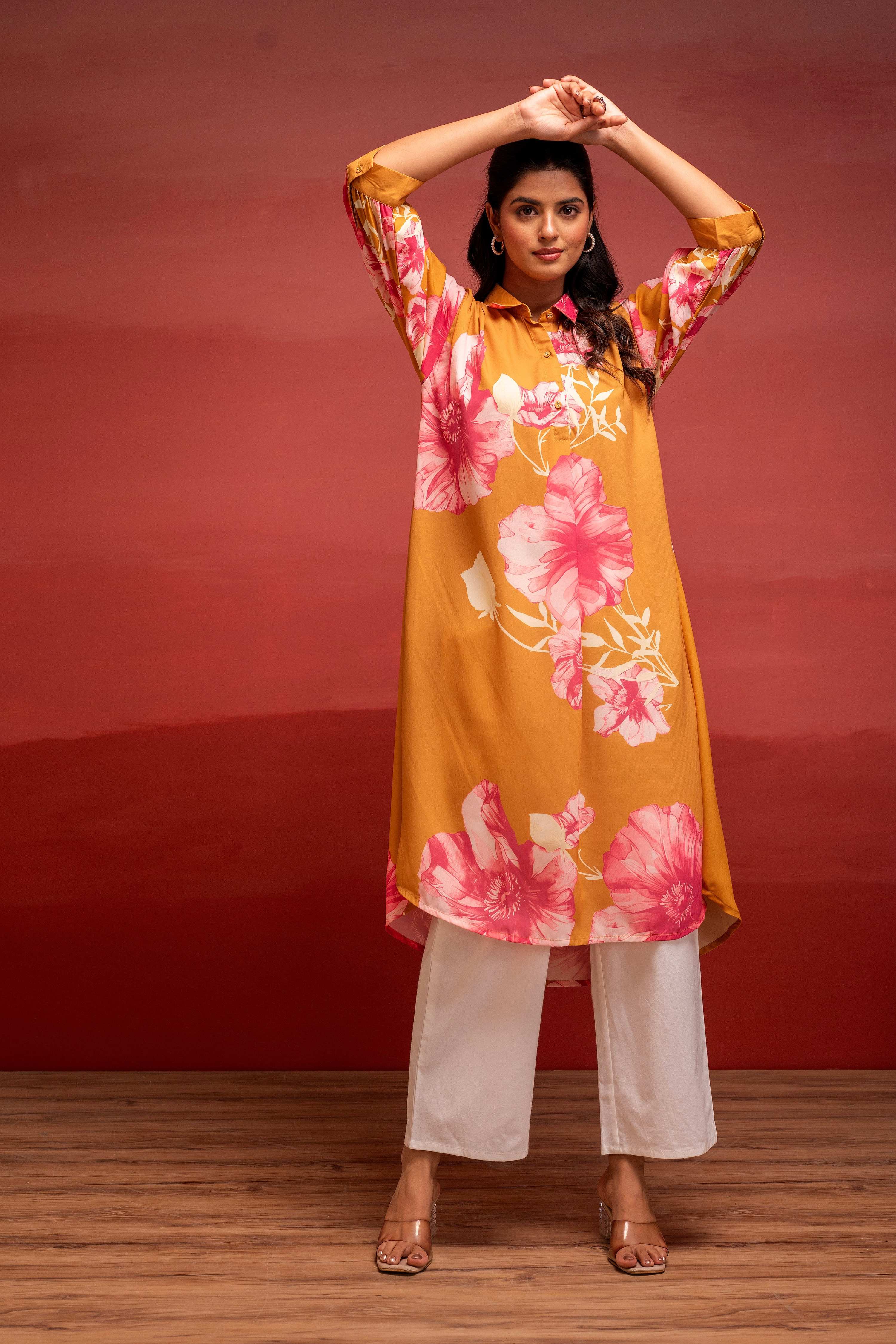 Juniper Mustard Floral Printed A-Line Kurta With Button Detailing