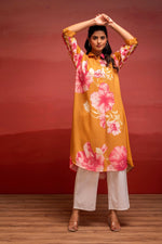 Thumbnail for Juniper Mustard Floral Printed A-Line Kurta With Button Detailing