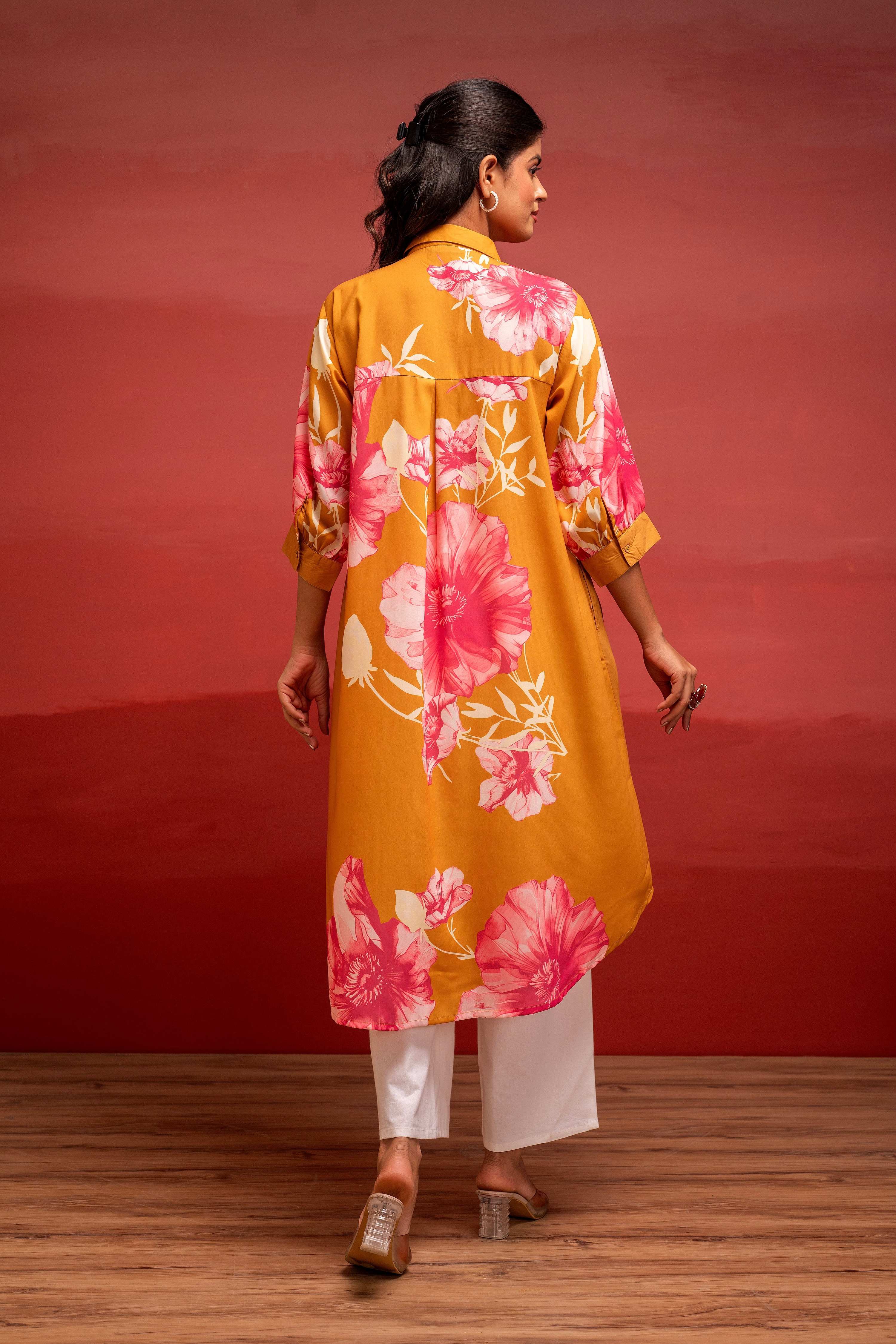 Juniper Mustard Floral Printed A-Line Kurta With Button Detailing