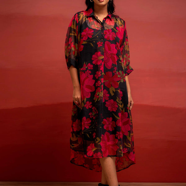 Juniper Black Floral Printed A-Line Kurta With Inner And Button Detailing