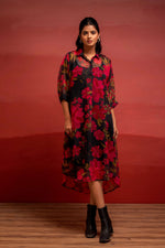Thumbnail for Juniper Black Floral Printed A-Line Kurta With Inner And Button Detailing