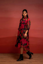 Thumbnail for Juniper Black Floral Printed A-Line Kurta With Inner And Button Detailing