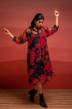 Thumbnail for Juniper Black Floral Printed A-Line Kurta With Inner And Button Detailing