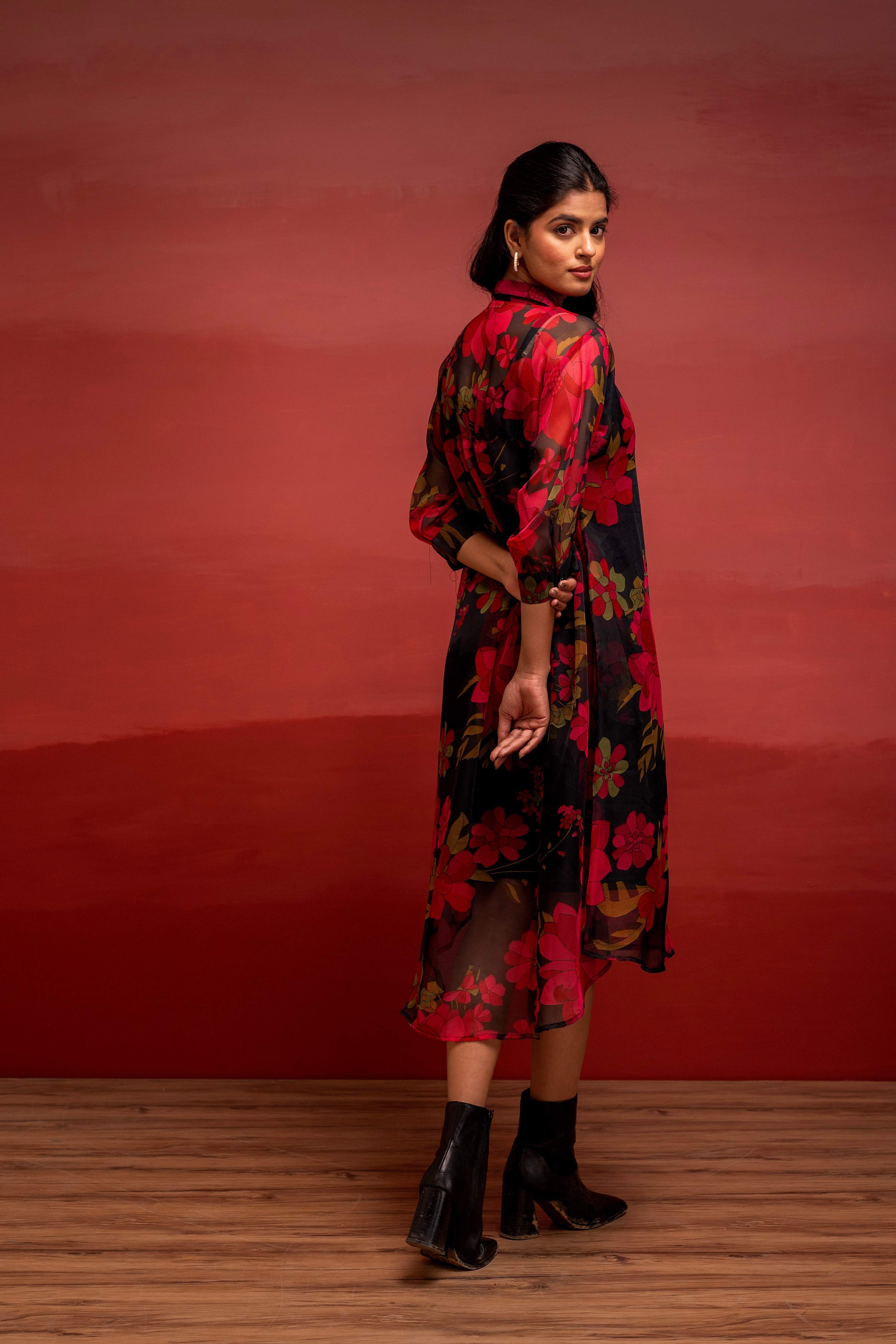Juniper Black Floral Printed A-Line Kurta With Inner And Button Detailing