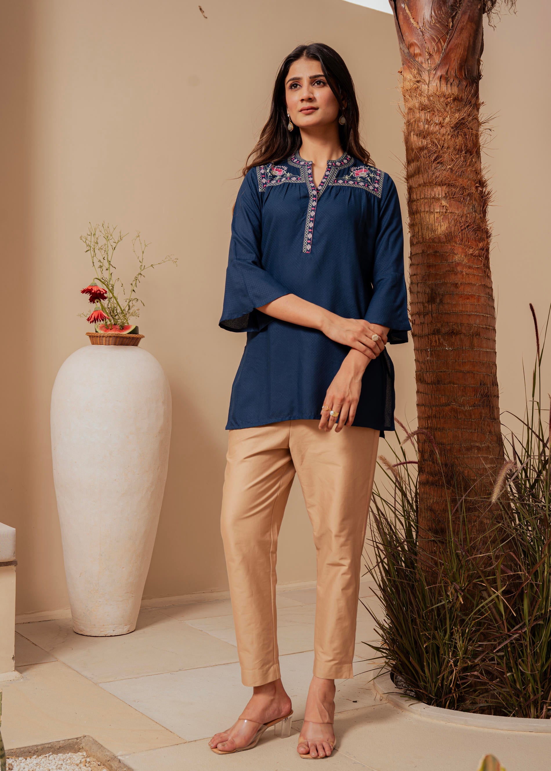 Juniper Midnight Blue Solid Viscose Tunic With Thread Work - Distacart