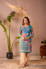 Thumbnail for Juniper Blue Floral Printed Straight Kurta With Mughal Motifs - Distacart