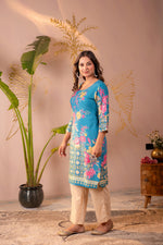Thumbnail for Juniper Blue Floral Printed Straight Kurta With Mughal Motifs - Distacart