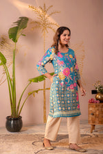Thumbnail for Juniper Blue Floral Printed Straight Kurta With Mughal Motifs - Distacart