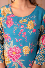Thumbnail for Juniper Blue Floral Printed Straight Kurta With Mughal Motifs - Distacart