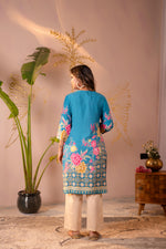 Thumbnail for Juniper Blue Floral Printed Straight Kurta With Mughal Motifs - Distacart