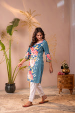 Thumbnail for Juniper Blue Floral Printed Straight Kurta - Distacart
