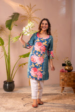 Thumbnail for Juniper Blue Floral Printed Straight Kurta - Distacart