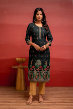 Thumbnail for Juniper Dark Green Festive Straight Kurta With Heritage Motifs - Distacart