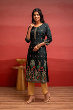 Thumbnail for Juniper Dark Green Festive Straight Kurta With Heritage Motifs - Distacart